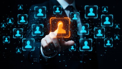 Hand selecting user icon on digital interface