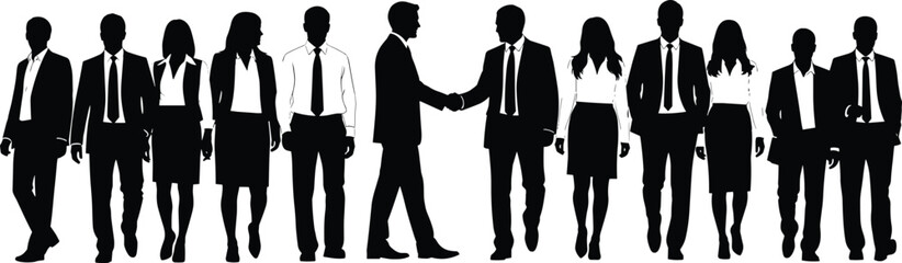 Professional business people silhouettes walking, standing, and shaking hands in a long horizontal line representing teamwork, success, corporate partnership, agreement, diversity,