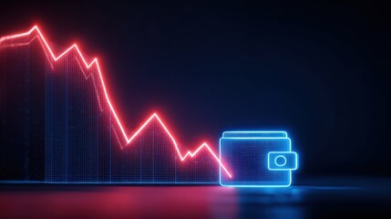 Economic downturn visualized through a neon-lit graph, with wallet icon. The image symbolizes financial decline and market instability.  ..Created with Generative AI, not depicting real subjects.