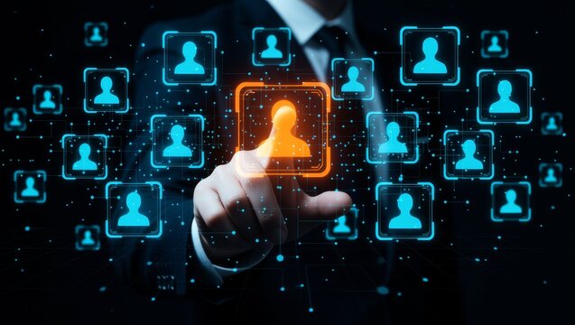 Hand selecting user icon on digital interface