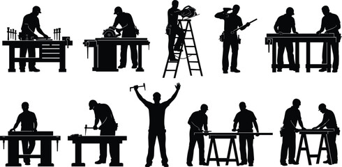 Silhouettes of Skilled Carpenters and Woodworkers Engaged in Construction and Craftsmanship, Utilizing Power and Hand Tools on Various Workbenches and Ladders,