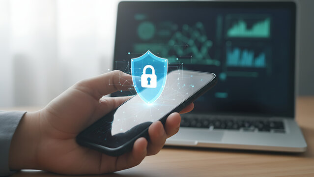 cybersecurity, security, A person using a mobile device a digital lock shield icon, cybersecurity, data protection, encryption, secure access in modern digital environments. Digital Protection
