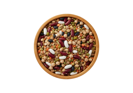 A wooden bowl filled with a variety of mixed dried pulses, viewed from above. This colorful assortment includes red kidney beans, black and white beans, mung beans, brown, green, and red lentils.