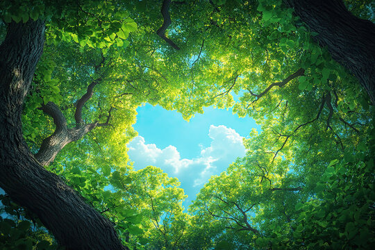 Lush green trees form a heart-shaped frame around a bright blue sky, creating a serene and romantic natural scene.
