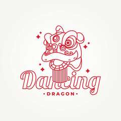 minimalist dancing dragon or lion dance with red background line art icon badge logo vector illustration design. simple modern chinese culture festival logo concept