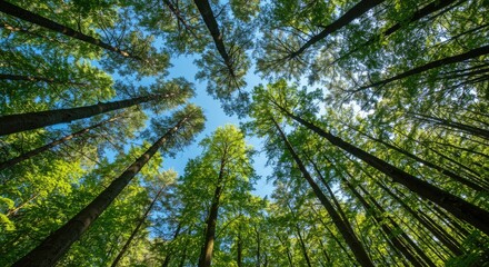 Looking up through a dense forest canopy towards a bright blue sky