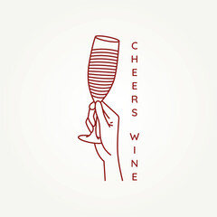 minimalist hands with wine glass cheers line art icon logo vector illustration design. simple modern restaurant or bar logo concept