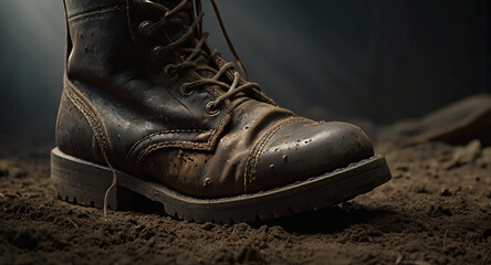 Worn Leather Boot: A weathered, robust leather boot stands firmly planted on the earth, narrating tales of arduous journeys, endurance, and steadfast resolve.