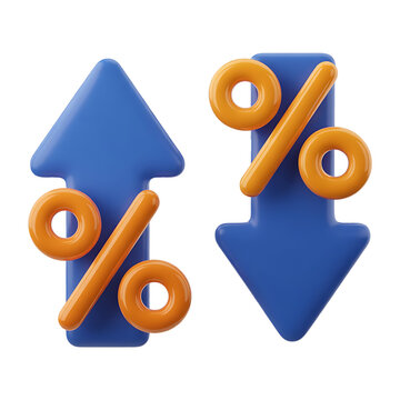 3d percentage increase and decrease arrows isolated on transparent background