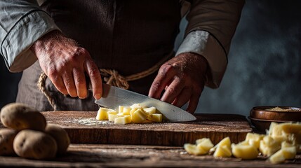 Chef expertly dicing potatoes on rustic wood cutting board for a delicious home-cooked meal, promising comfort food, culinary skill, and kitchen delight