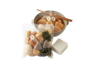 Oden, components, bag, fish paste, Japanese hot pot, white backdrop

