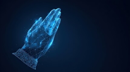 A digital illustration depicts two hands clasped together in prayer, rendered in a striking blue hue. ..Created with Generative AI, not depicting real subjects.