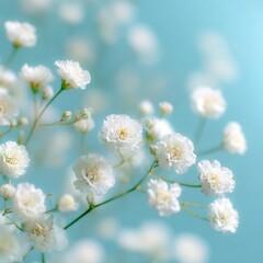 Obraz premium Delicate White Gypsophila Flowers on Light Blue Background.