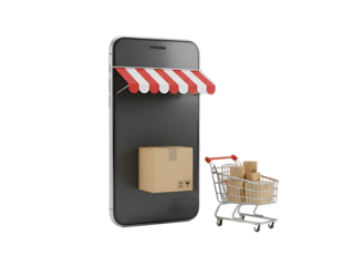 E-commerce Mobile Shop: Smartphone Retail with Shopping Cart and Delivery Boxes on white background