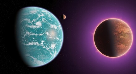Two planets, one blue and green, another reddish-brown with nebula