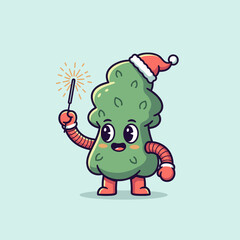 Obraz premium Cute Cannabis Bud Character Celebrating Christmas with Sparkler.