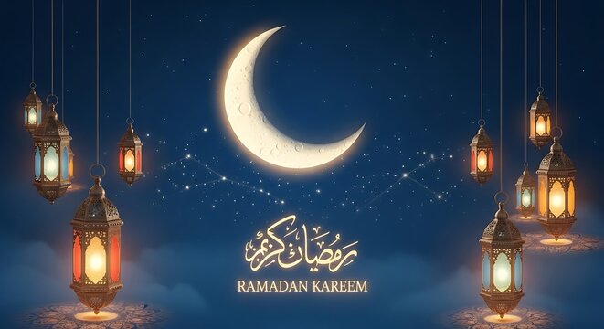 Evening sky with crescent moon and ornate lanterns ramadan celebration design
