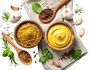  Gourmet Mustard Duo Flat Lay with Rustic Culinary Elements
