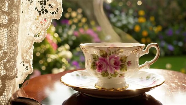 Floral  teacup displayed on bright garden table setting