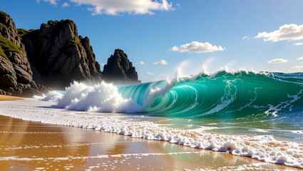 Powerful turquoise wave crashing on rocky beach shore