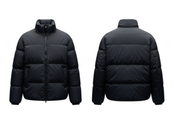 Front and back view of a black puffer jacket isolated on transparent background