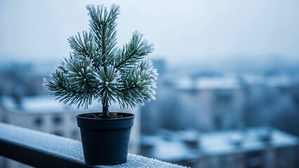 Potted pine tree on snowy balcony – symbol of life and hope in winter