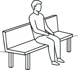 Simple line illustration of person sitting alone on a park bench waiting isolated on white background
