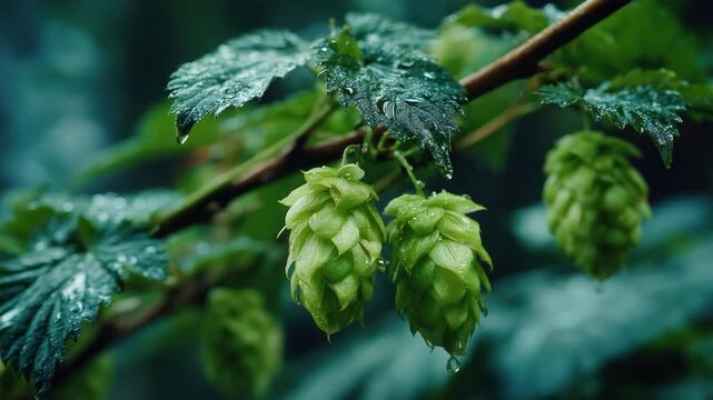Macro shot of hop plant with green cone-shaped flowers and wet leaves. Focus on details