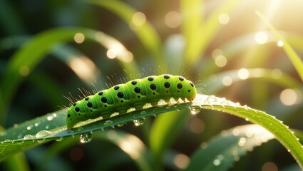 Naklejka premium Green spotted caterpillar on dewy leaf with sunlight