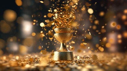 Golden Trophy Showered with Confetti Celebrating Victory and Achievement.