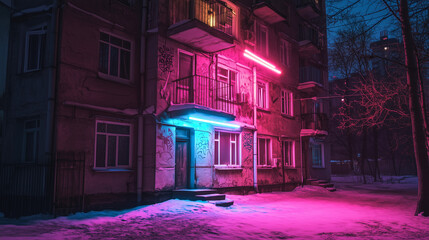 Old Soviet-style apartment building with pink and blue neon lights at night, snow-covered ground, and graffiti-covered walls.