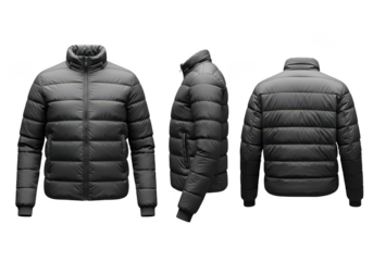 Gray down jacket isolated on transparent background, front, side and back view