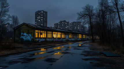 Moody urban scene with illuminated building windows, wet pavement, graffiti walls, and high-rise apartments at dusk.