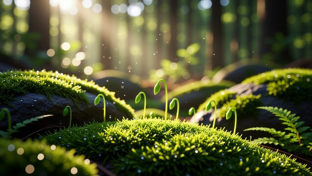 Young sprouts emerging from mossy forest floor