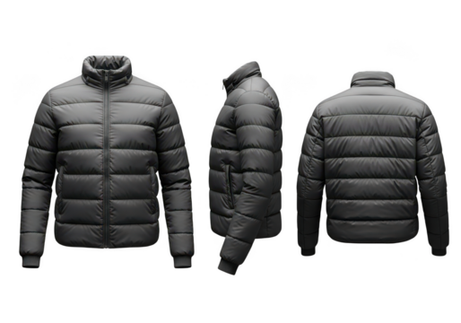 Gray down jacket isolated on transparent background, front, side and back view