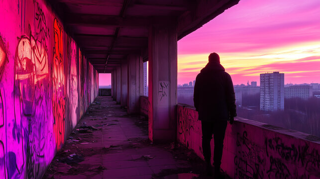 Silhouette of man in abandoned building with graffiti at sunset, overlooking cityscape under vivid purple sky.