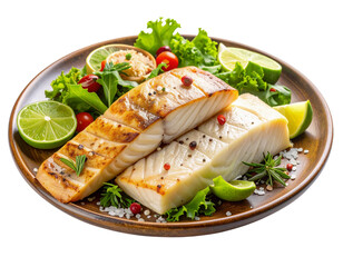 Rustic Coastal Mahi Mahi Plate with Mixed Greens Side View