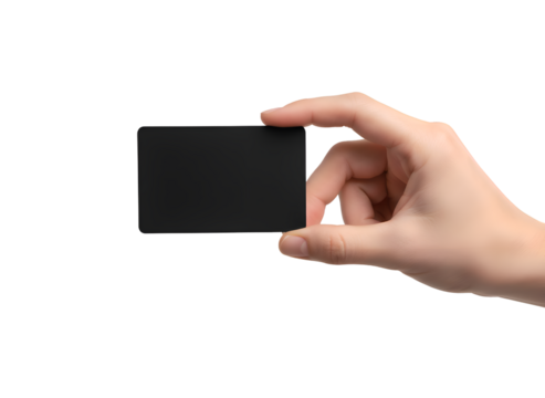 Hand Holding Blank Black Card for Business, Payment, Credit, or ID Template on white background