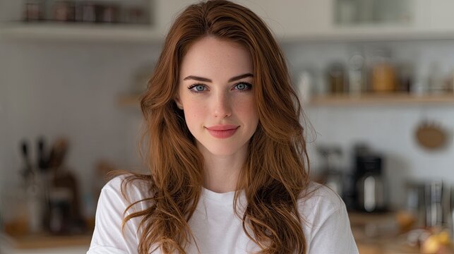 Beautiful woman with striking red hair and captivating blue eyes, a fresh face for beauty, lifestyle, and relatable everyday moments in a bright kitchen
