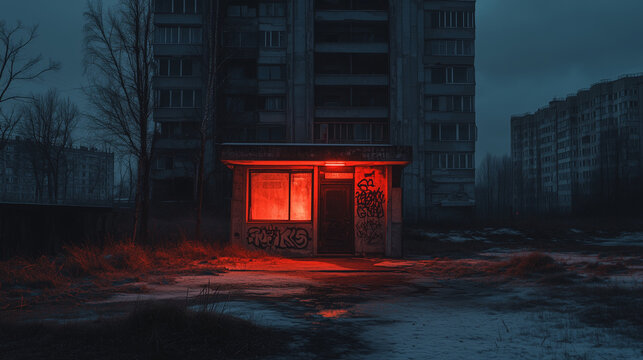 Small graffiti-covered guard booth glows red in a snowy, abandoned urban landscape surrounded by Soviet-era buildings at dusk.