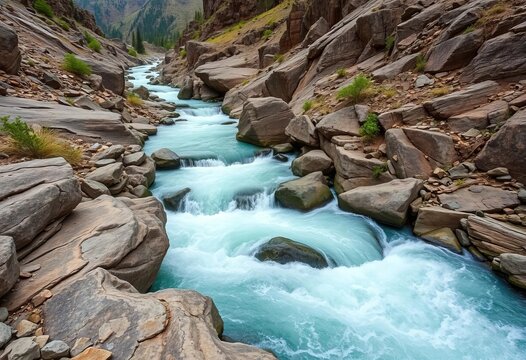 Rapid river cascading down rocky mountain terrain, current, outdoor - Powered by Adobe