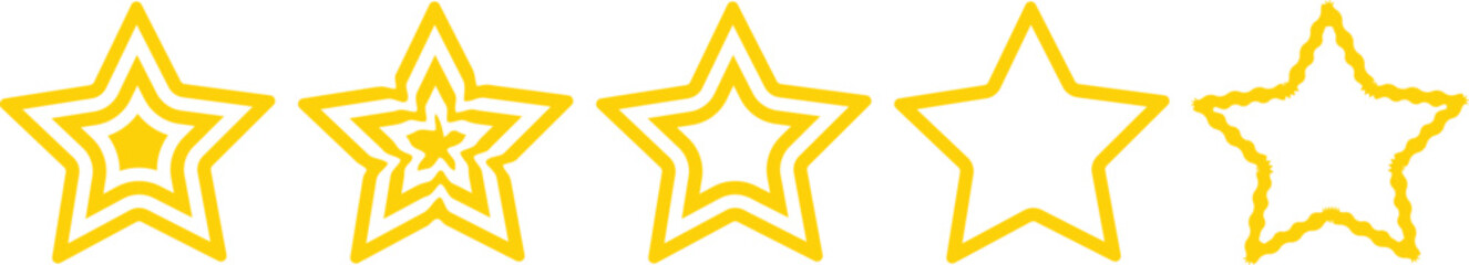 Collection of yellow vintage star outline vectors, multiple shape variations, perfect for web design, app UI, reviews, feedback icons, and transparent backgrounds