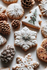 Fototapeta premium Christmas-themed Frosted Cookies with Pinecones Holiday Decor Material 