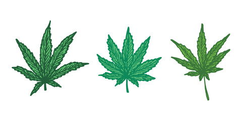 Set of hand drawn cannabis leaf Medicine marijuana Hemp leaves clipart in doodle style Single element for print, web, design, decor