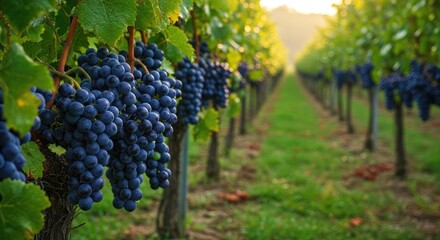 Lush purple grapes ripen on vines in a sunlit vineyard row