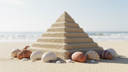 Sand pyramid with seashells on beach