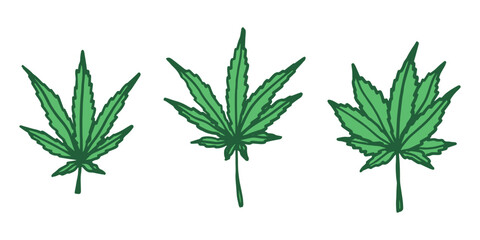 Set of hand drawn cannabis leaf Medicine marijuana Hemp leaves clipart in doodle style Single element for print, web, design, decor