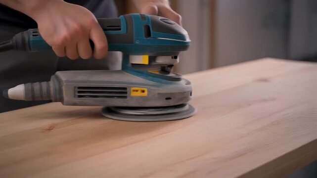Man using a sander on a wooden surface.