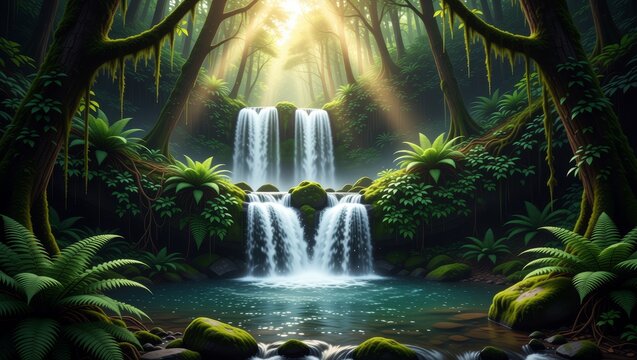 Sunlight filtering through forest waterfall and stream