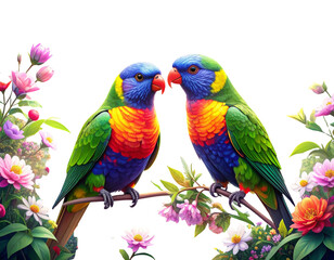Whimsical Lorikeet Duo in Pastel Fantasy Garden